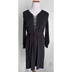 NWT! Michael Kors Black Dress w/Silver Chain Lace Up, Fabric Belt, Orig $120